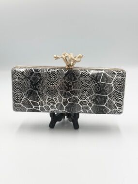 Black & White Snake-Texture Evening Clutch with Gold Snake Clasp